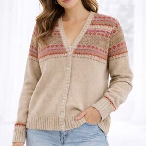 Lands' End SZ M 8/10 VTG Cotton V Neck Fair Isle Long Sleeve Cardigan Sweater